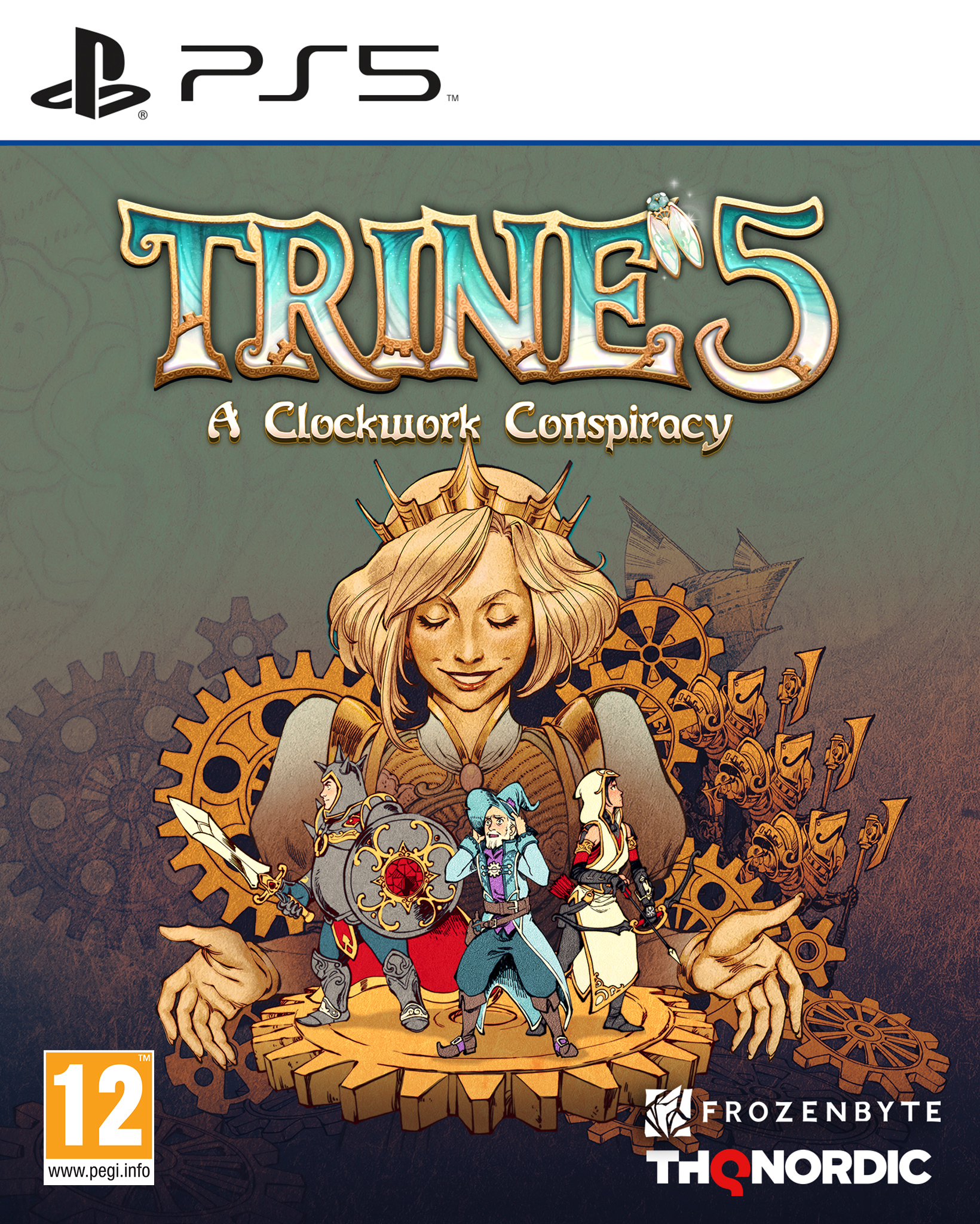 Okładka gry Trine 5. Kobieta z innymi przed kołami zębatymi. Logo PS5.