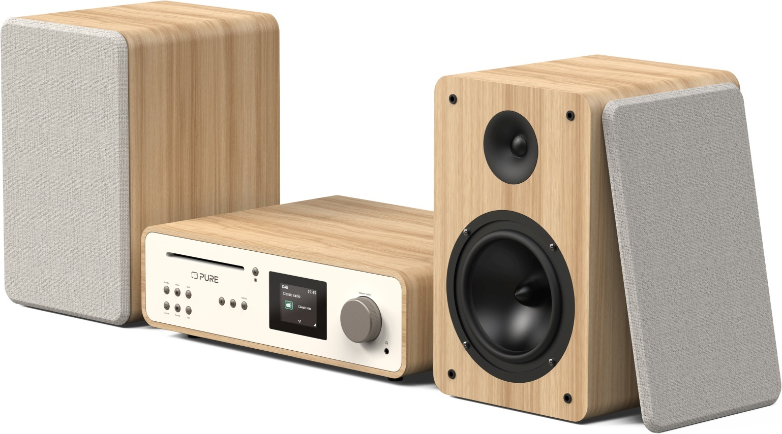 Eine Stereoanlage mit CD-Player und zwei Lautsprechern.