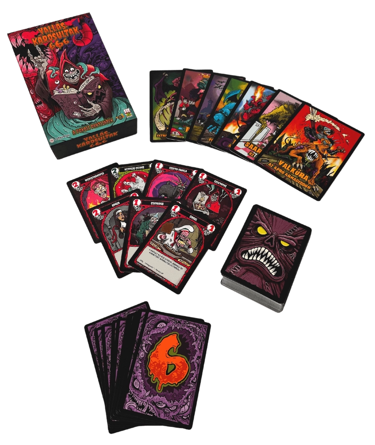 Társasjáték fantasy karakterekkel a kártyákon és a dobozon. Sötét háttér.