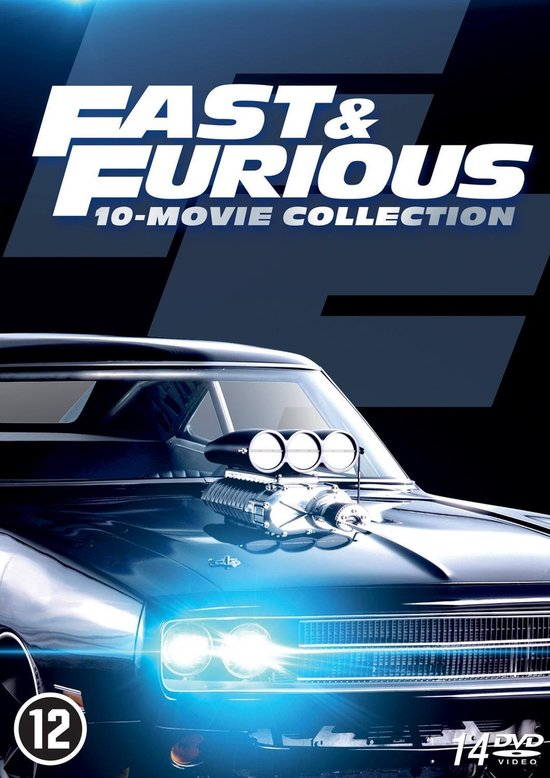 Fast & Furious 10-Movie Collection DVD-hoes met een auto en titel.