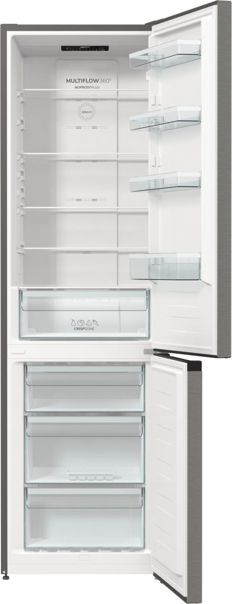 Otwarta lodówka ze szklanymi półkami i szufladami, w większości pusta.