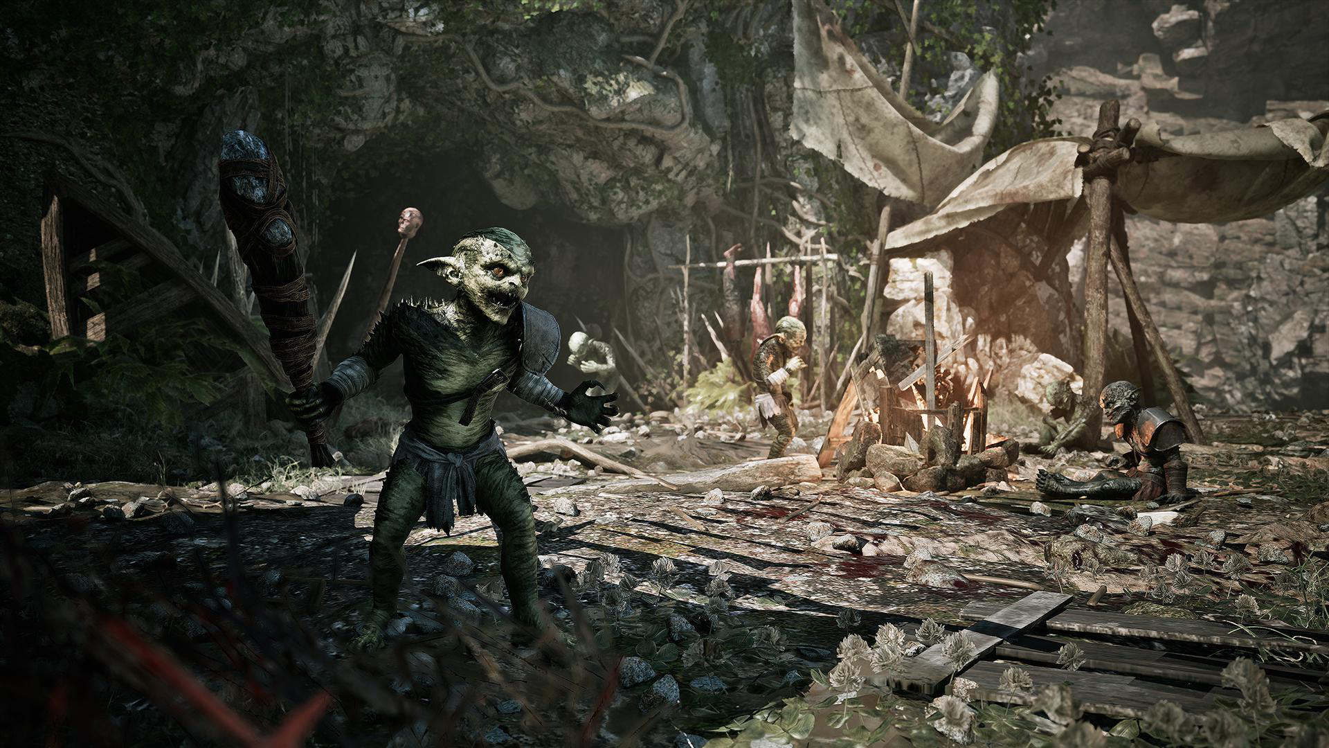 Ein Goblin mit einem Knüppel, der in einer dunklen, düsteren Fantasy-Umgebung nach vorne blickt.