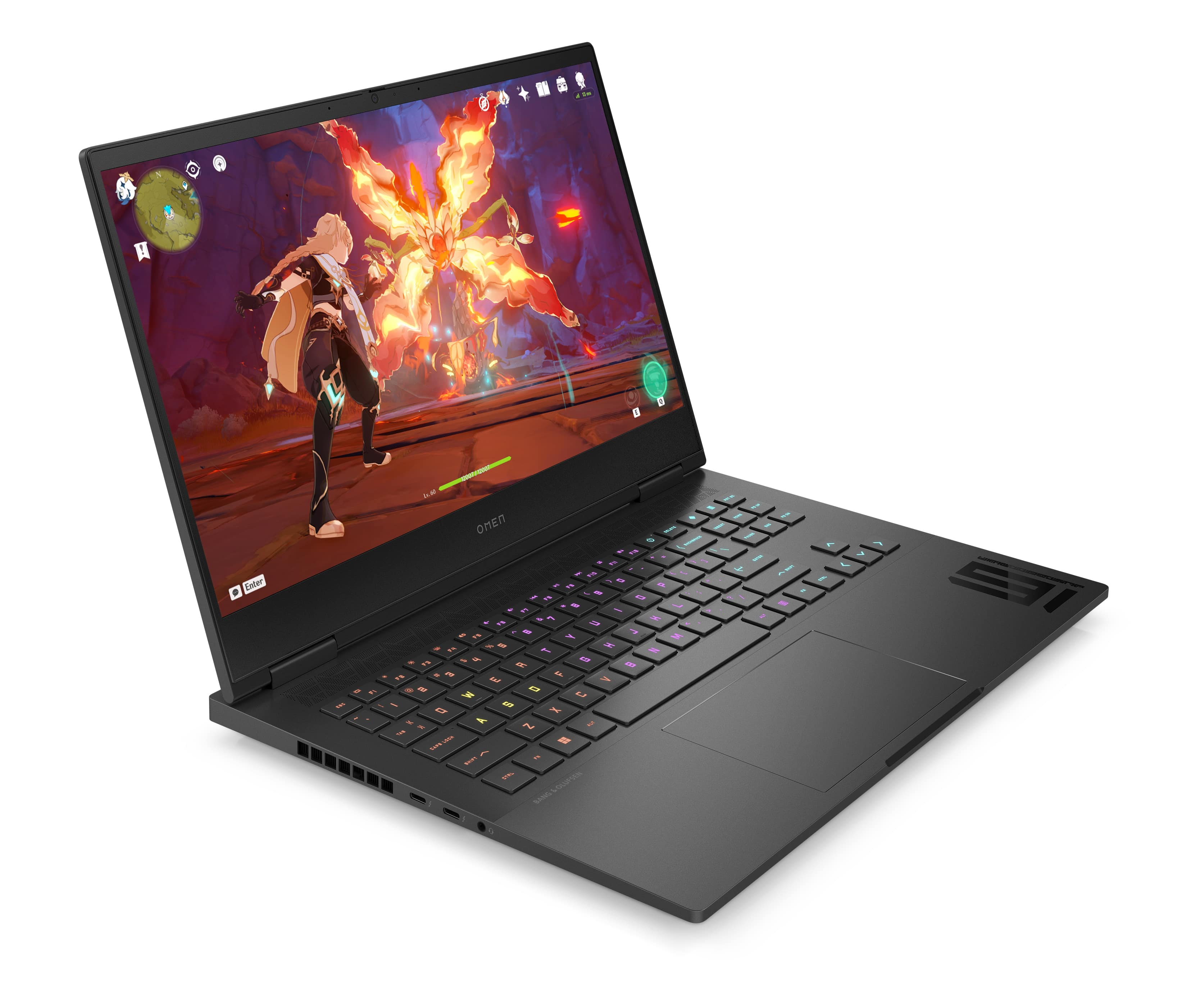 Ordenador portátil gaming negro con pantalla de juego y teclado colorido.
