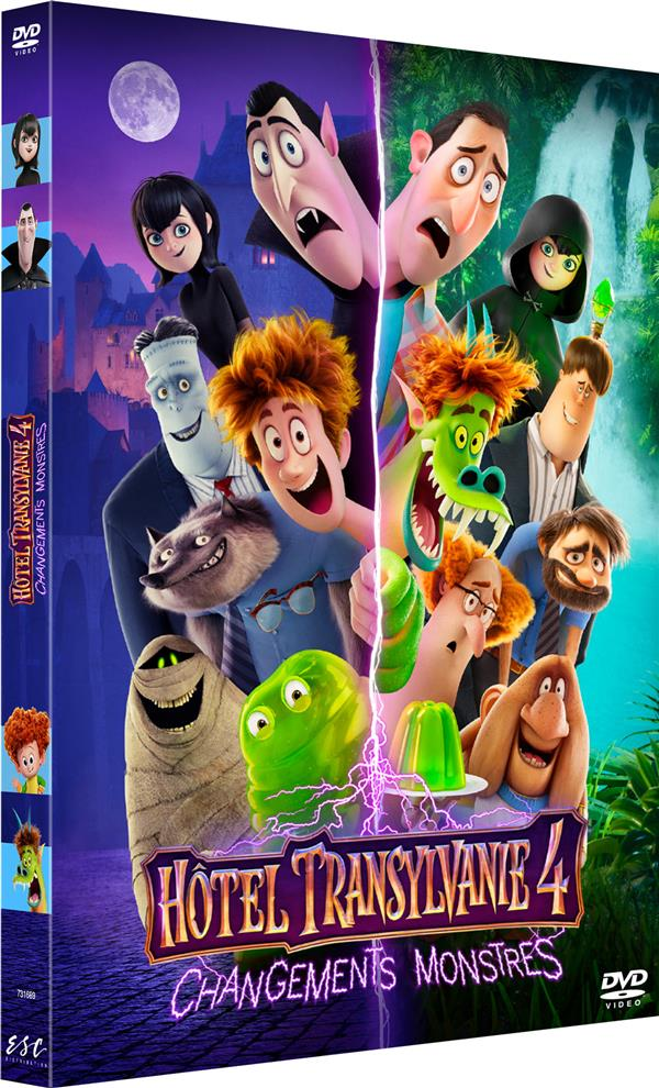 Filmposter voor Hotel Transylvania 4. Tekenfilmfiguren met een paarse bliksem. Blauw en wit.