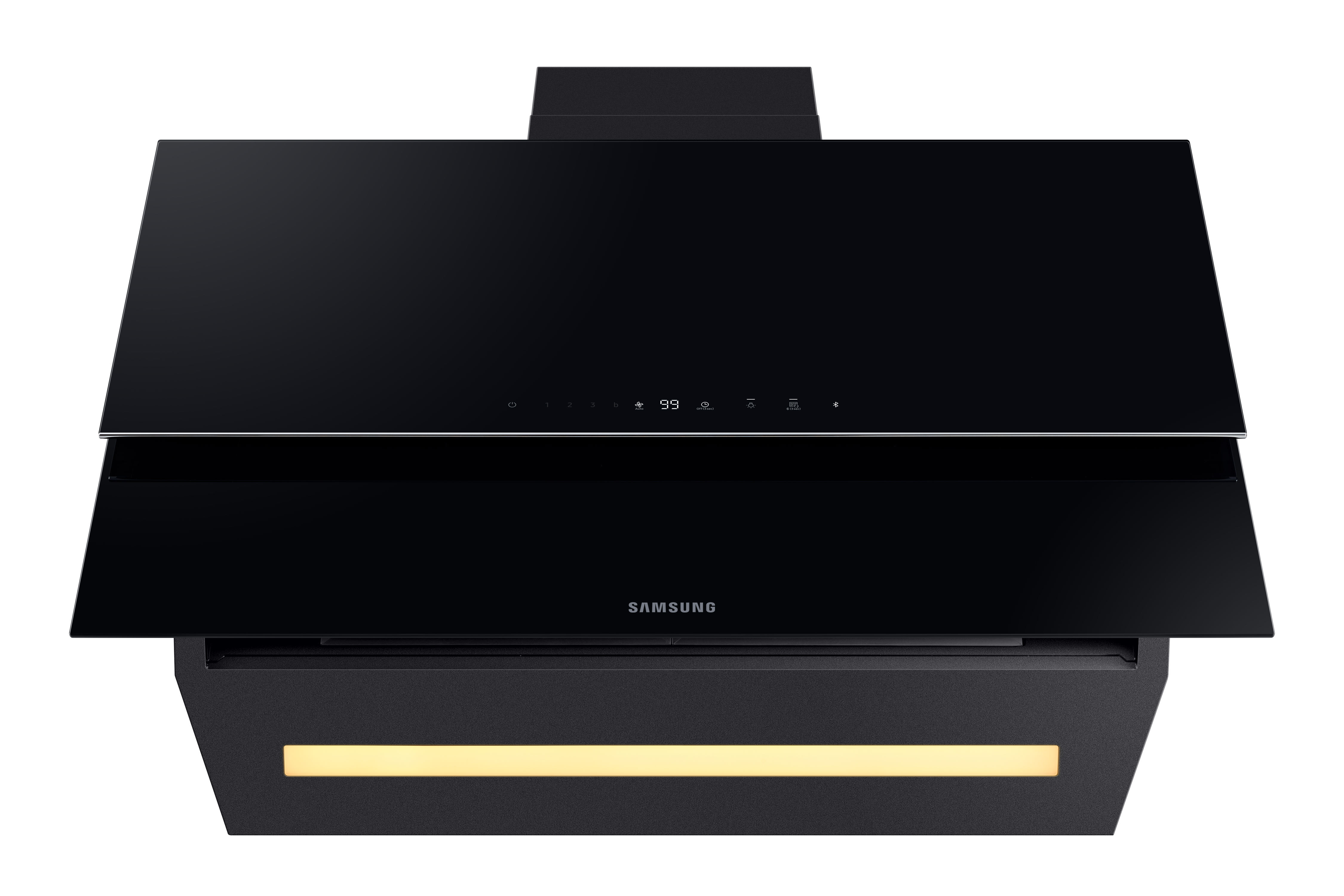 Una campana extractora negra Samsung, vista superior, con luz en la parte inferior.