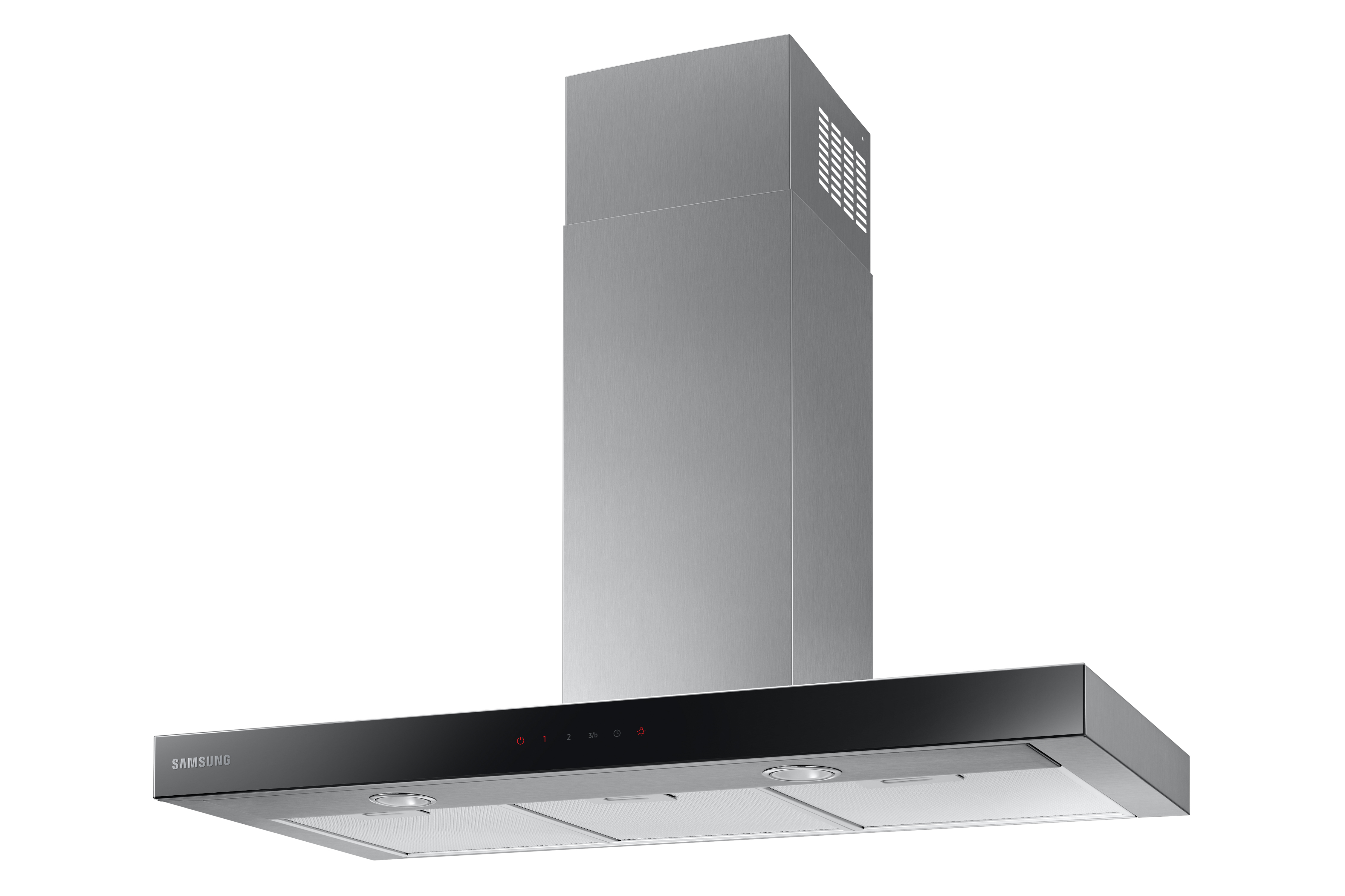 Campana extractora Samsung de acero inoxidable. Diseño rectangular con base negra y panel de control.