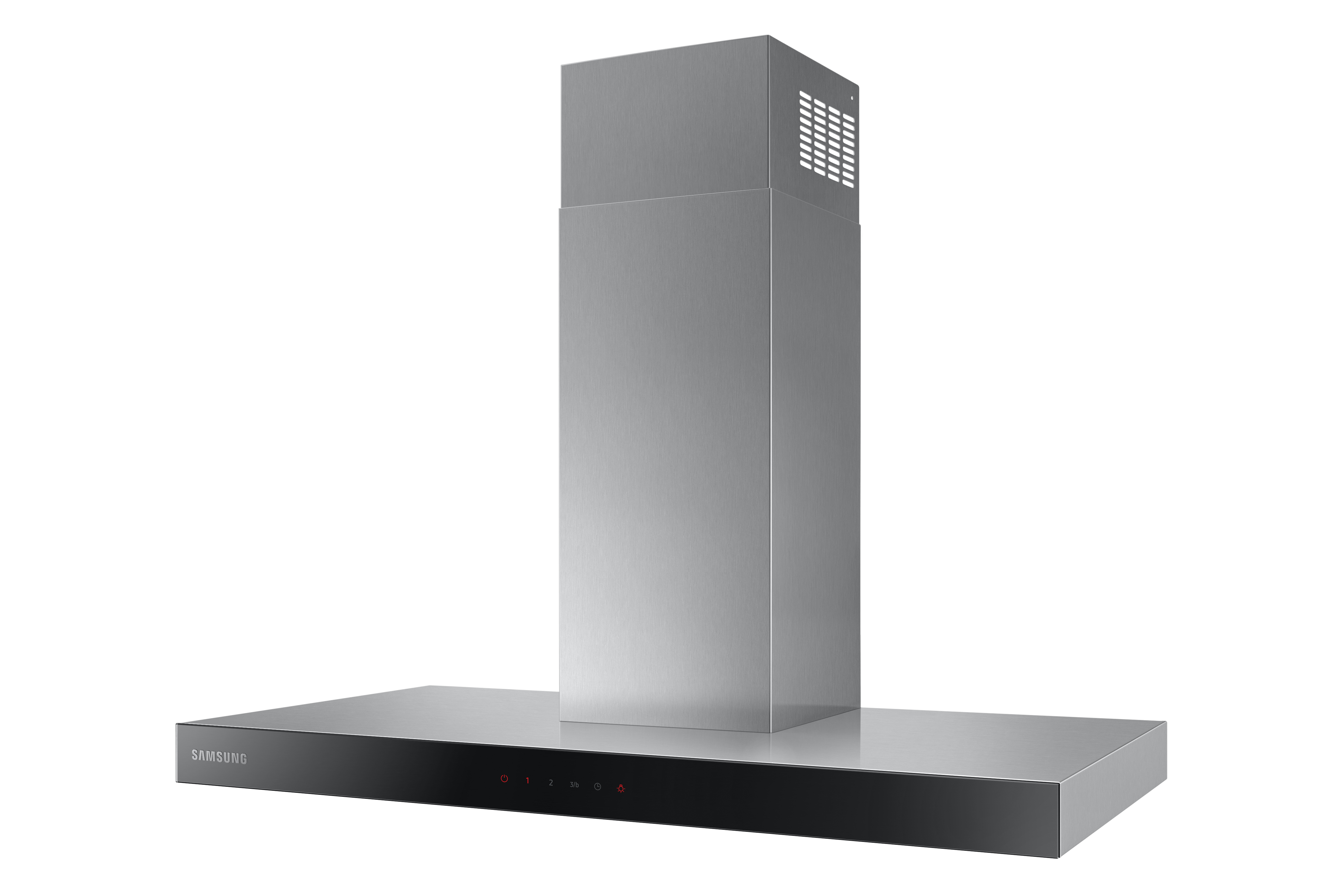 Campana extractora Samsung de acero inoxidable. Rectangular con chimenea alta, sobre fondo blanco.