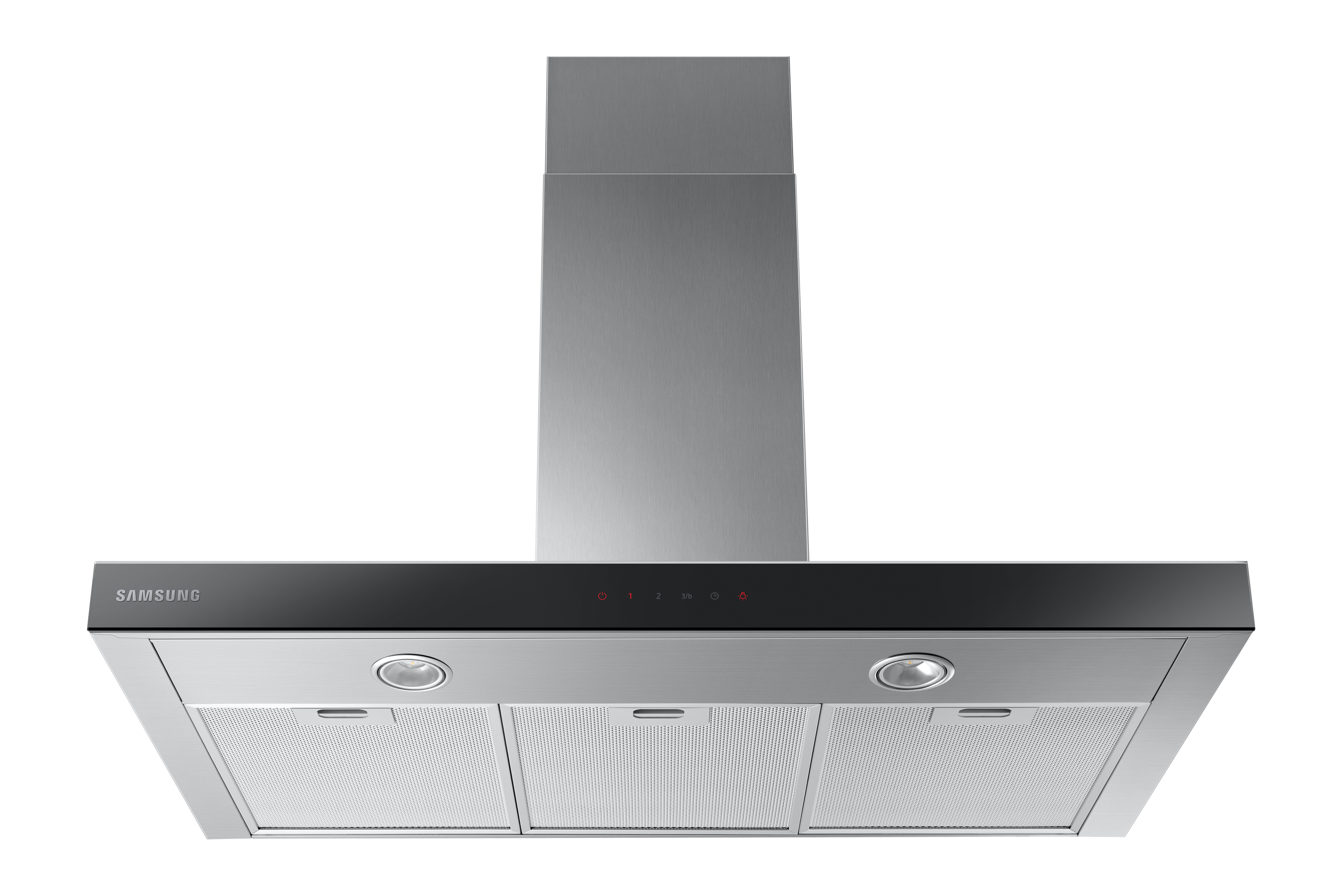Una campana extractora Samsung de acero inoxidable con luces y panel de control.