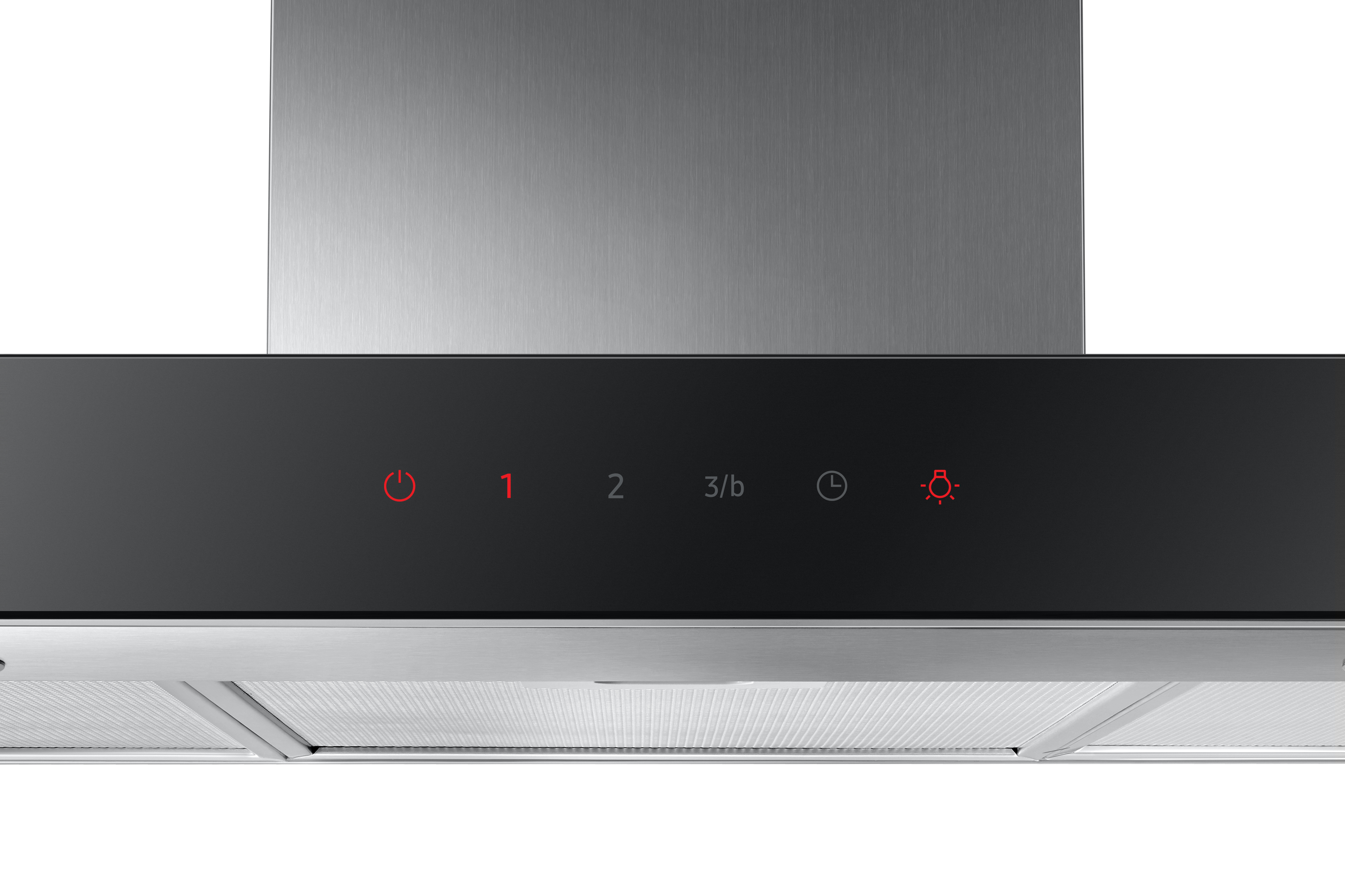 Panel de control de campana extractora negro con botones e indicadores iluminados en rojo.