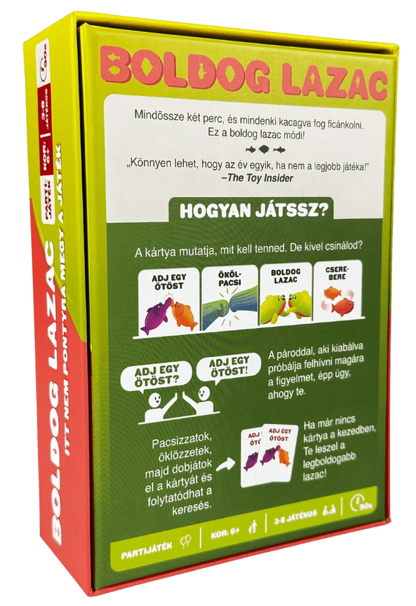Egy magyar játékkarton hátulja, sárga, szöveggel és grafikával.