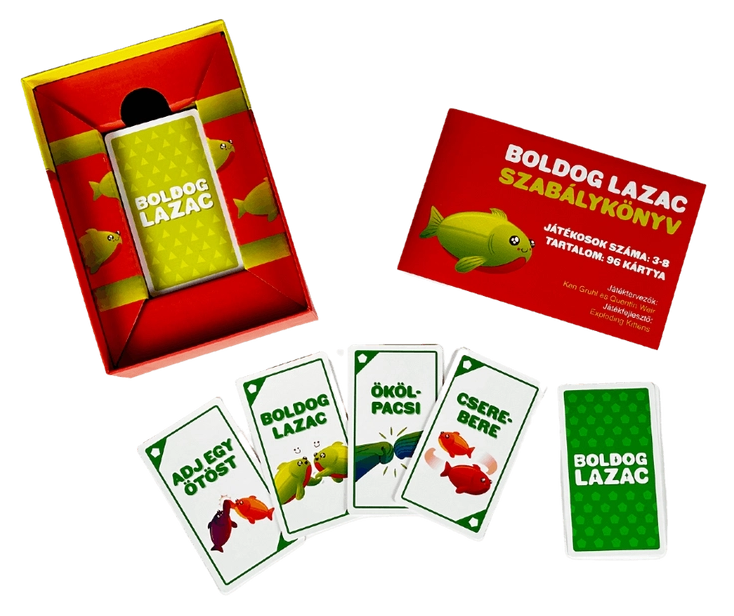Kártyák és egy könyv egy hal témájú játékhoz. Piros és zöld színek.