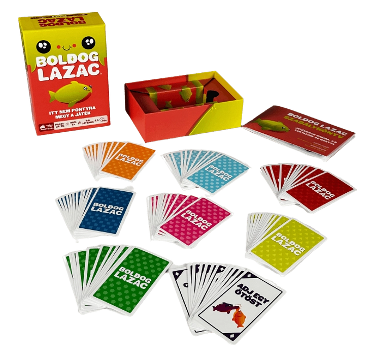 Kártyajáték kártyákkal, dobozzal és fedéllel. A kártyák színesek, halakkal.