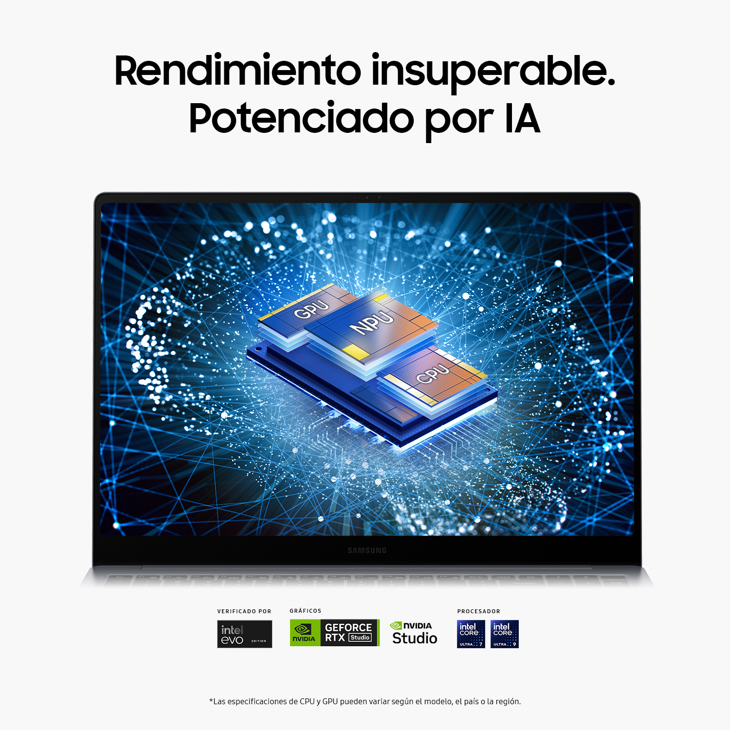 Pantalla de portátil que muestra CPU y NPU, el texto superior dice: "Rendimiento inigualable, potenciado por IA".
