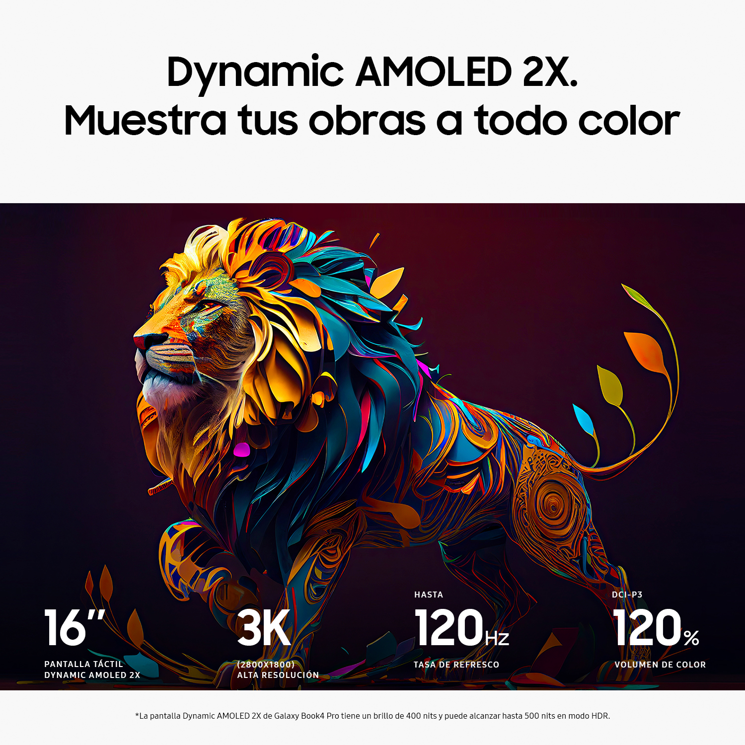Una ilustración de león colorido con texto sobre características de la pantalla. El león es el foco.
