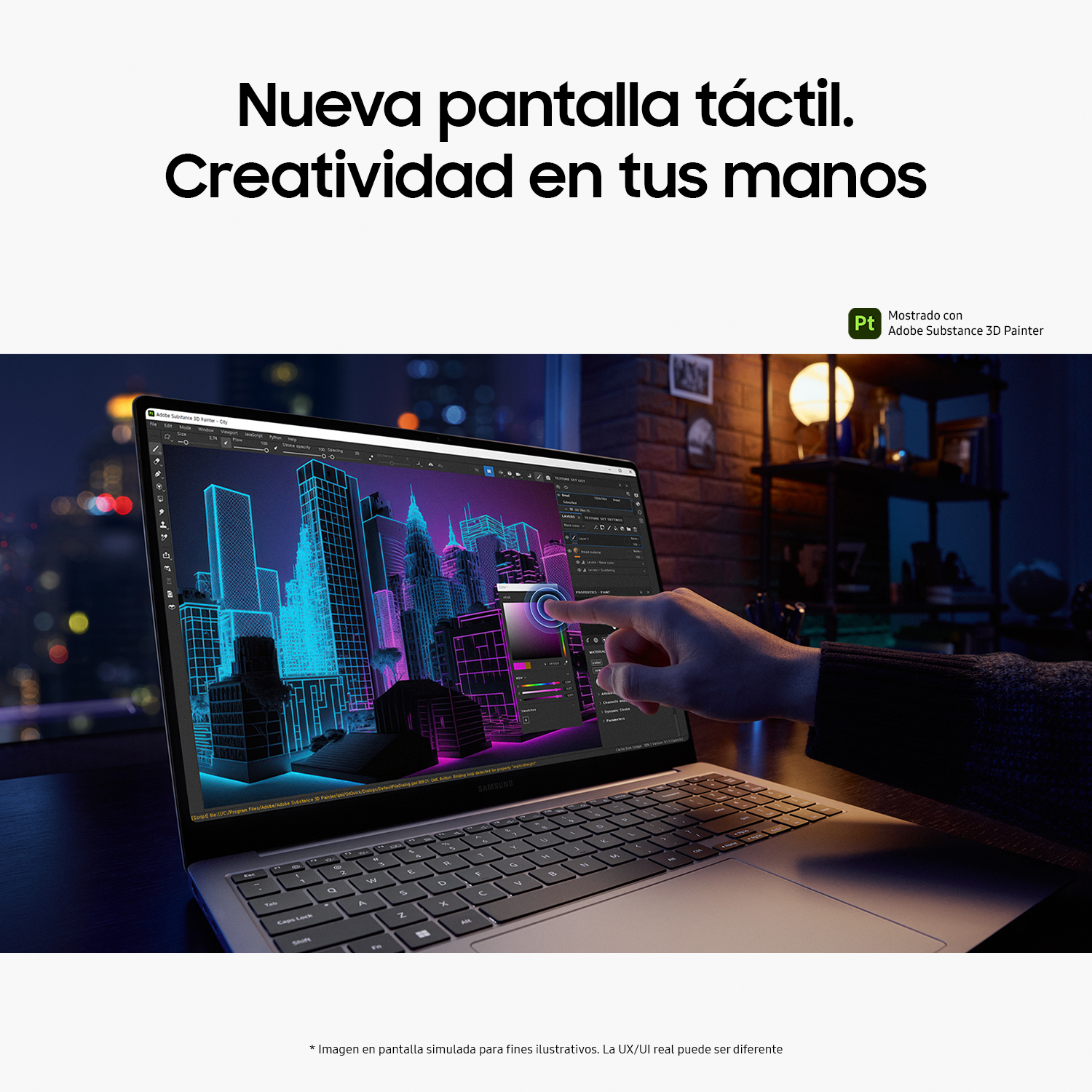 Una persona interactuando con una pantalla de portátil que muestra un diseño de ciudad digital.