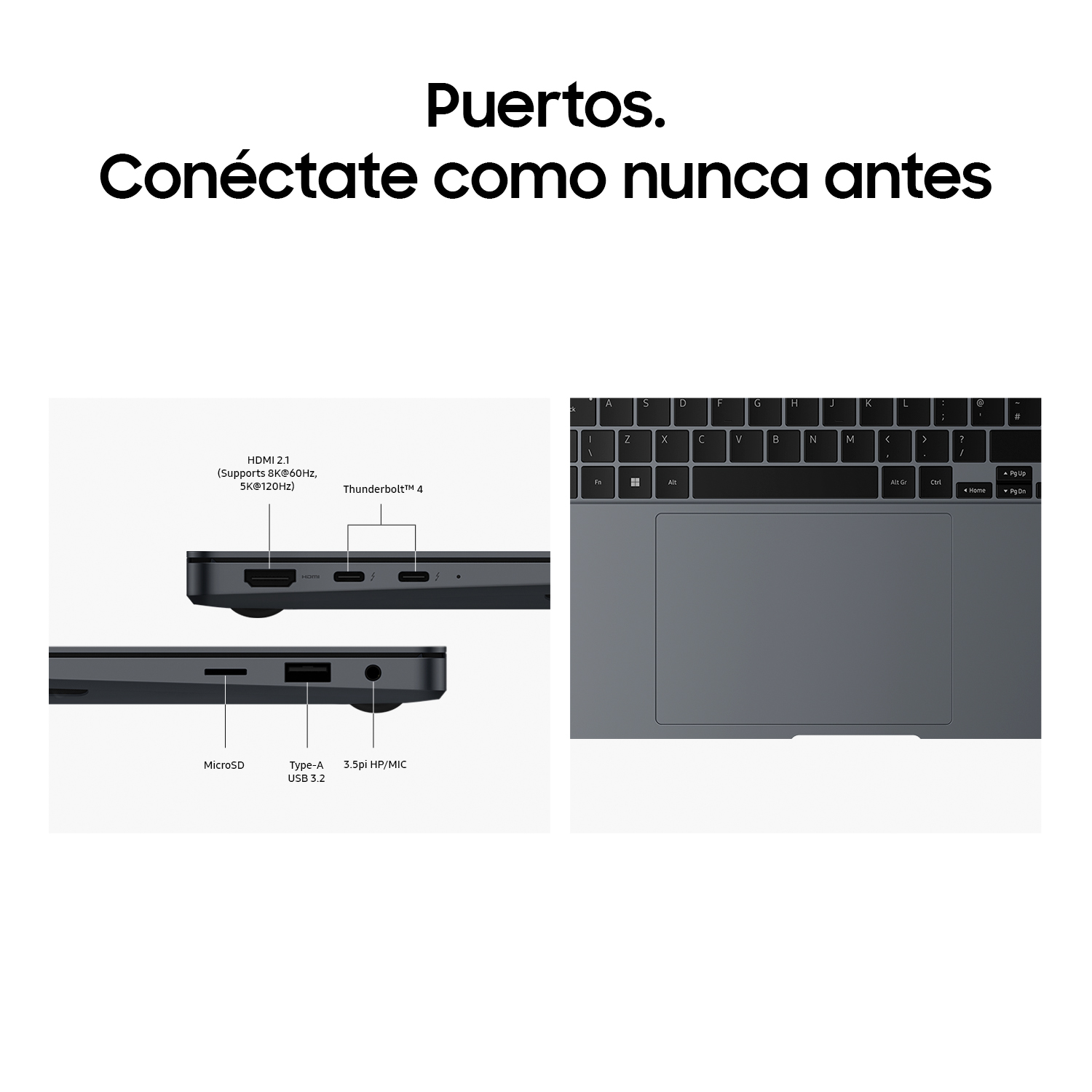 Detalles de puertos de portátil. Arriba: HDMI, Thunderbolt. Abajo: MicroSD, USB-A, 3.5mm HP/MIC. Derecha: portátil abierto.