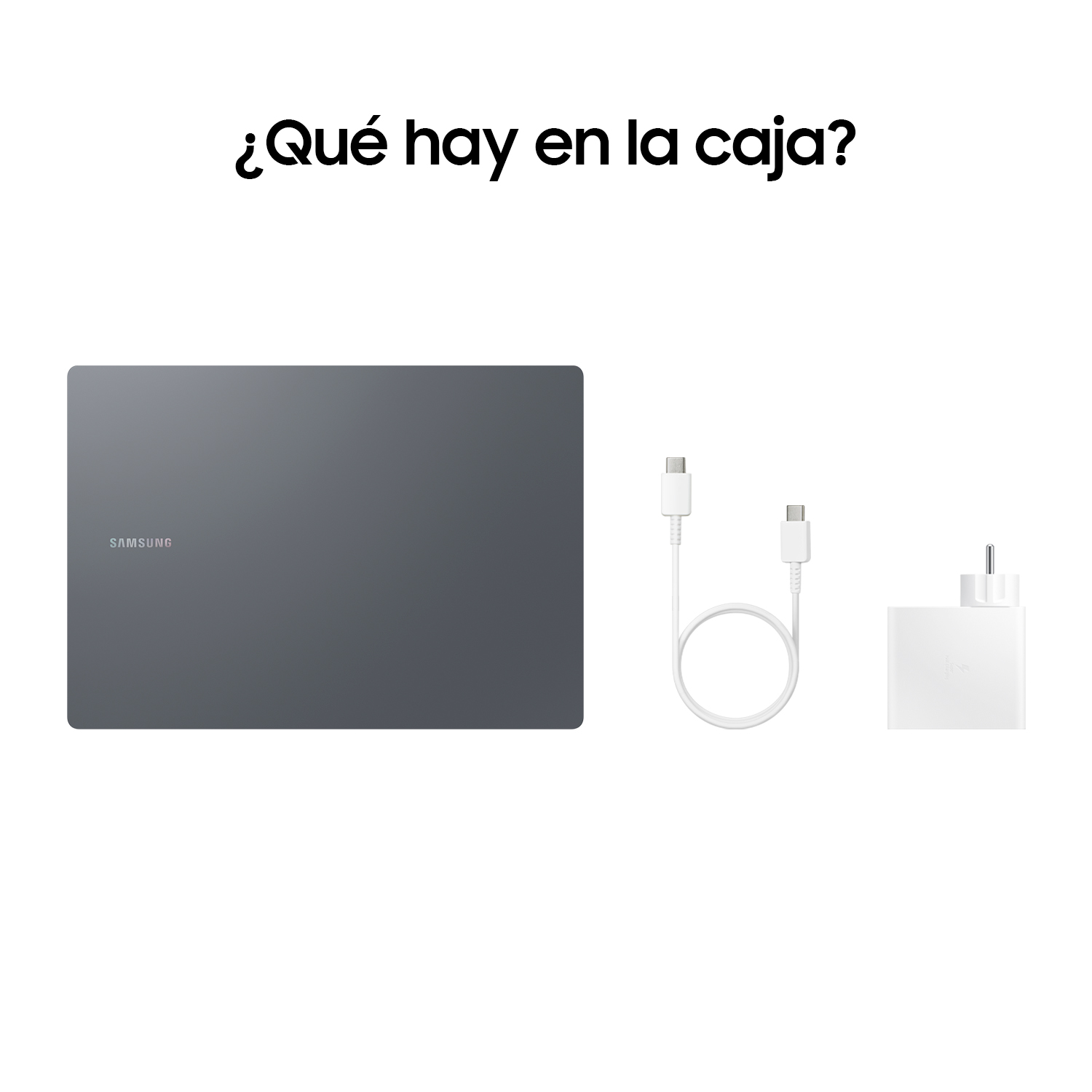 Portátil, cargador y cable sobre fondo blanco, con texto en español.