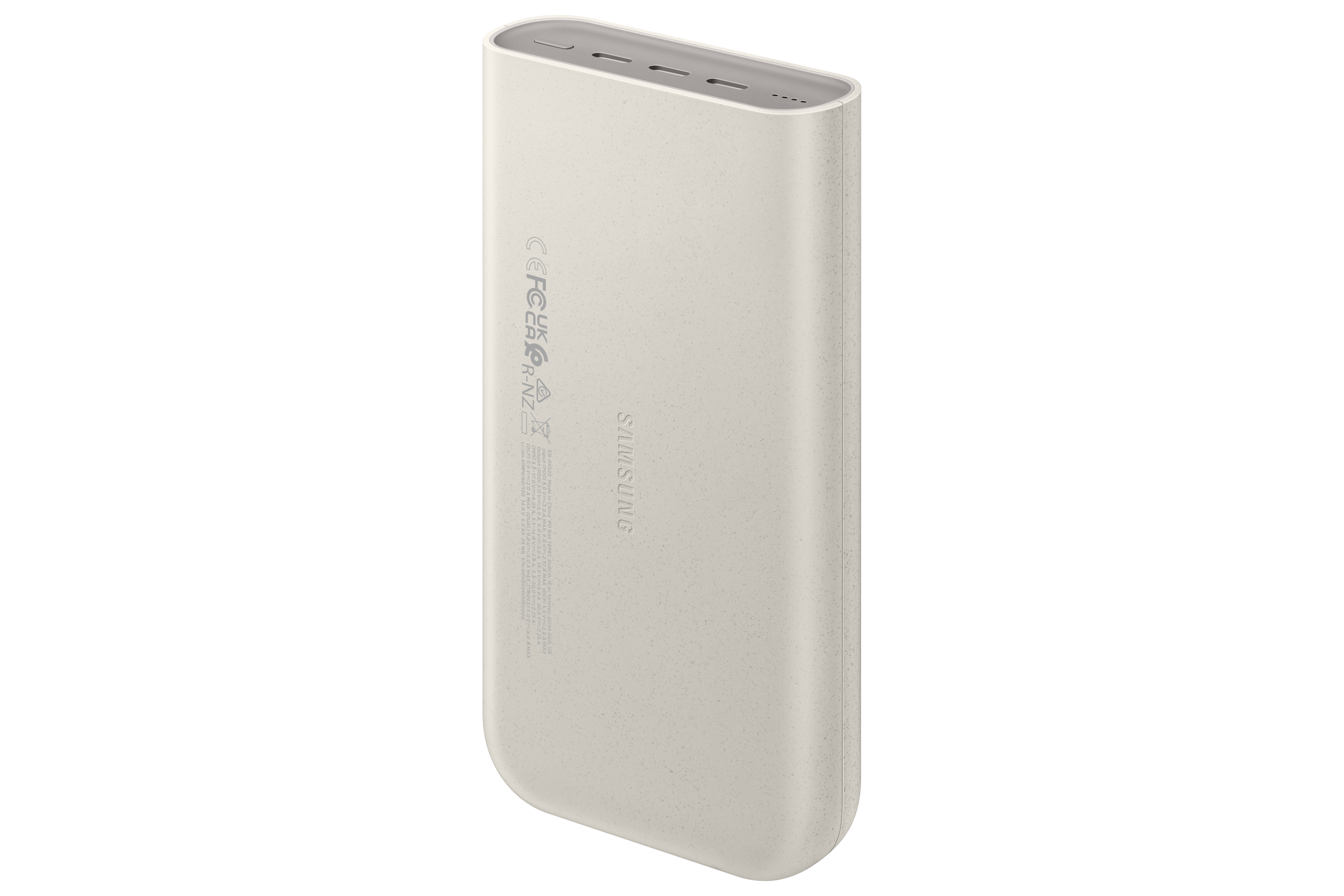 Açık bej renkli bir Samsung powerbank. USB-C bağlantı noktaları ve bir güç düğmesi gösterir.