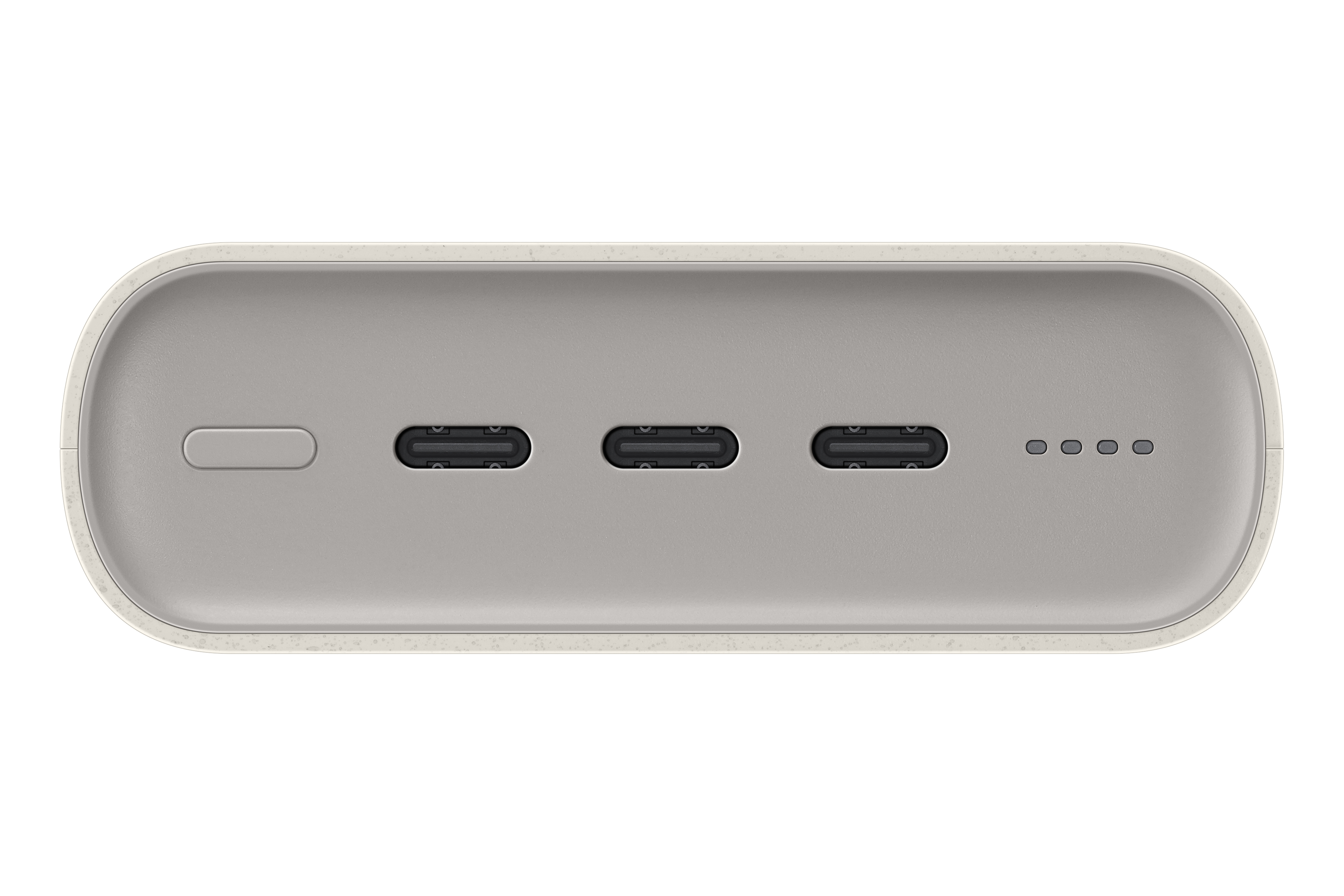 Portlara sahip bir powerbank'in yakın çekimi. Üç adet USB-C portu ve bir güç düğmesi görünüyor.