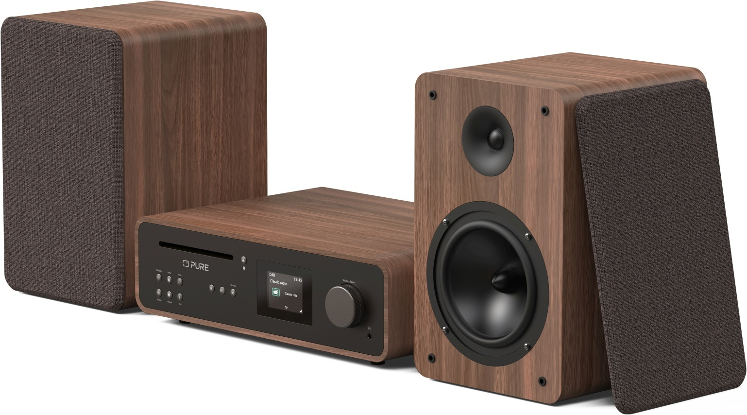 Impianto audio in legno con lettore CD e due altoparlanti.