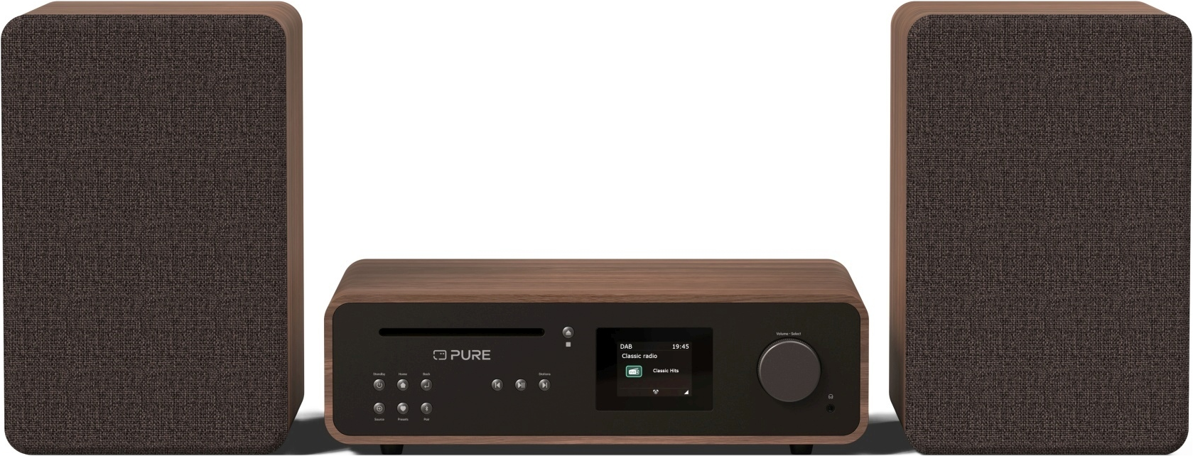 Impianto stereo in legno con due altoparlanti, un'unità centrale e un display.