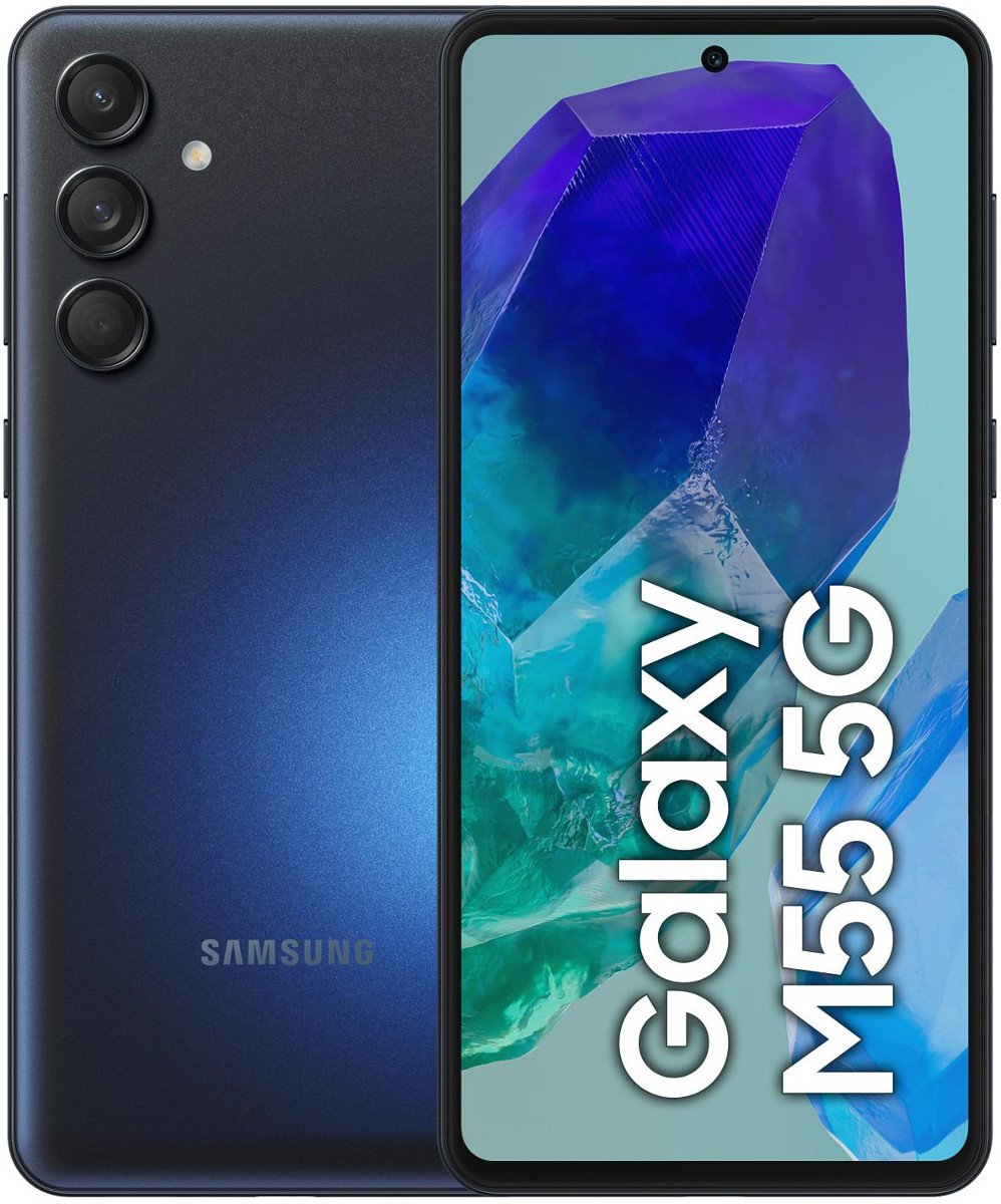 Ciemnoniebieski telefon Samsung Galaxy M55 5G, pokazujący tył i wyświetlacz z logo 5G.