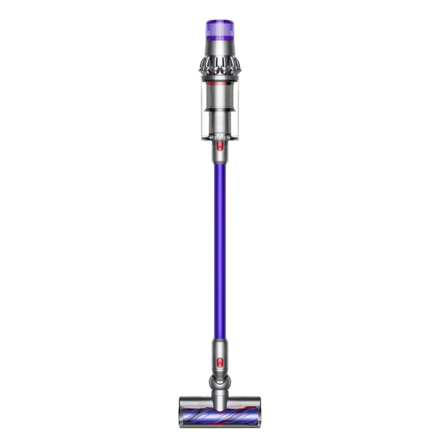 Un aspirateur Dyson violet et argenté. Il est debout sur un fond blanc.