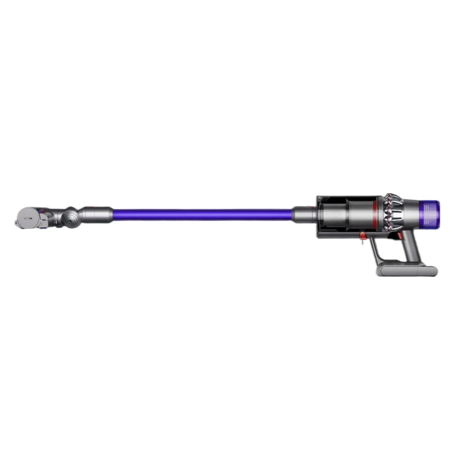 Un aspirateur violet et argenté. Il est debout. Le fond est blanc.