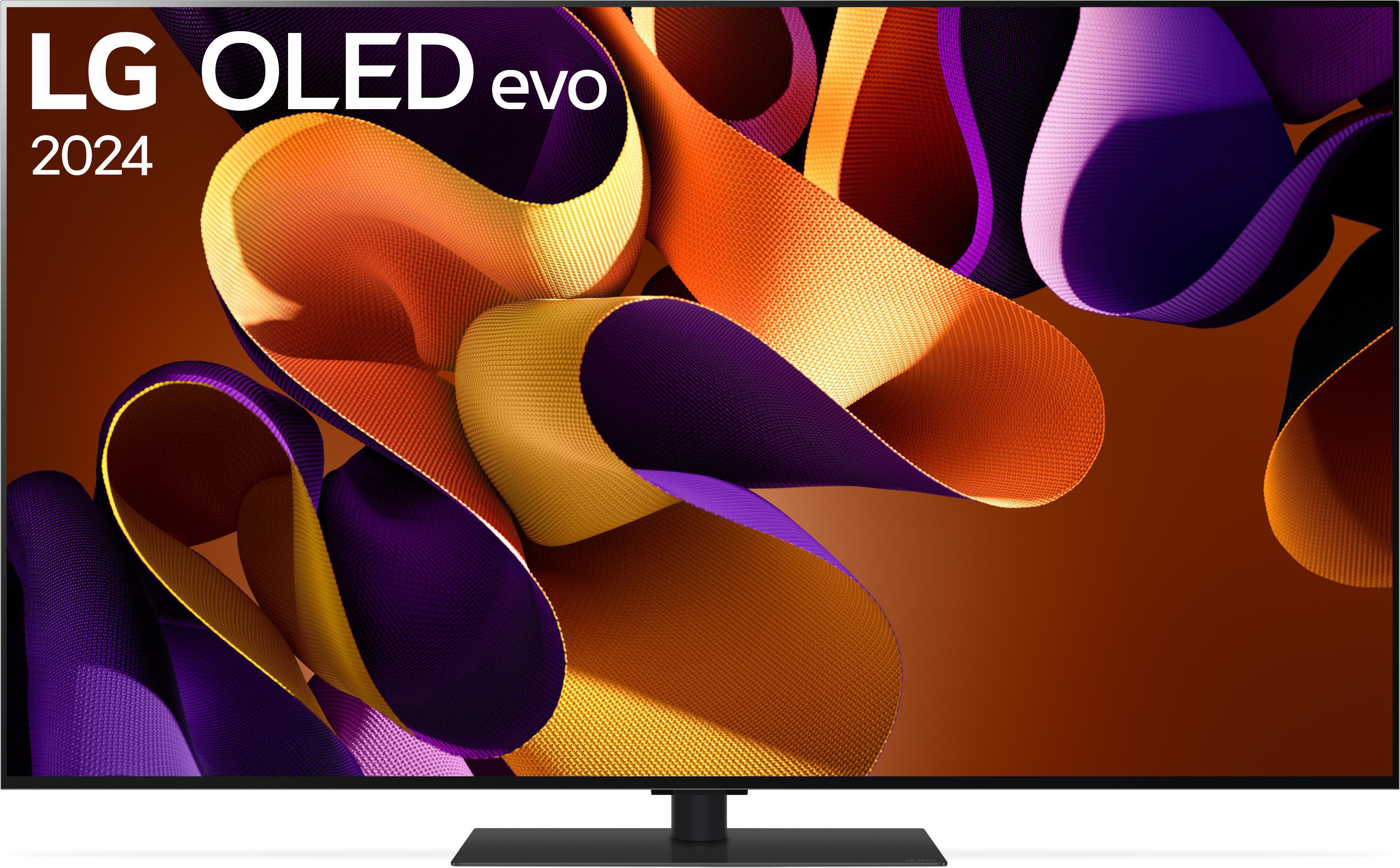 LG OLED evo TV, Modell 2024, orange und lila abstrakte Kunst auf dem Bildschirm, schwarzer Rahmen.