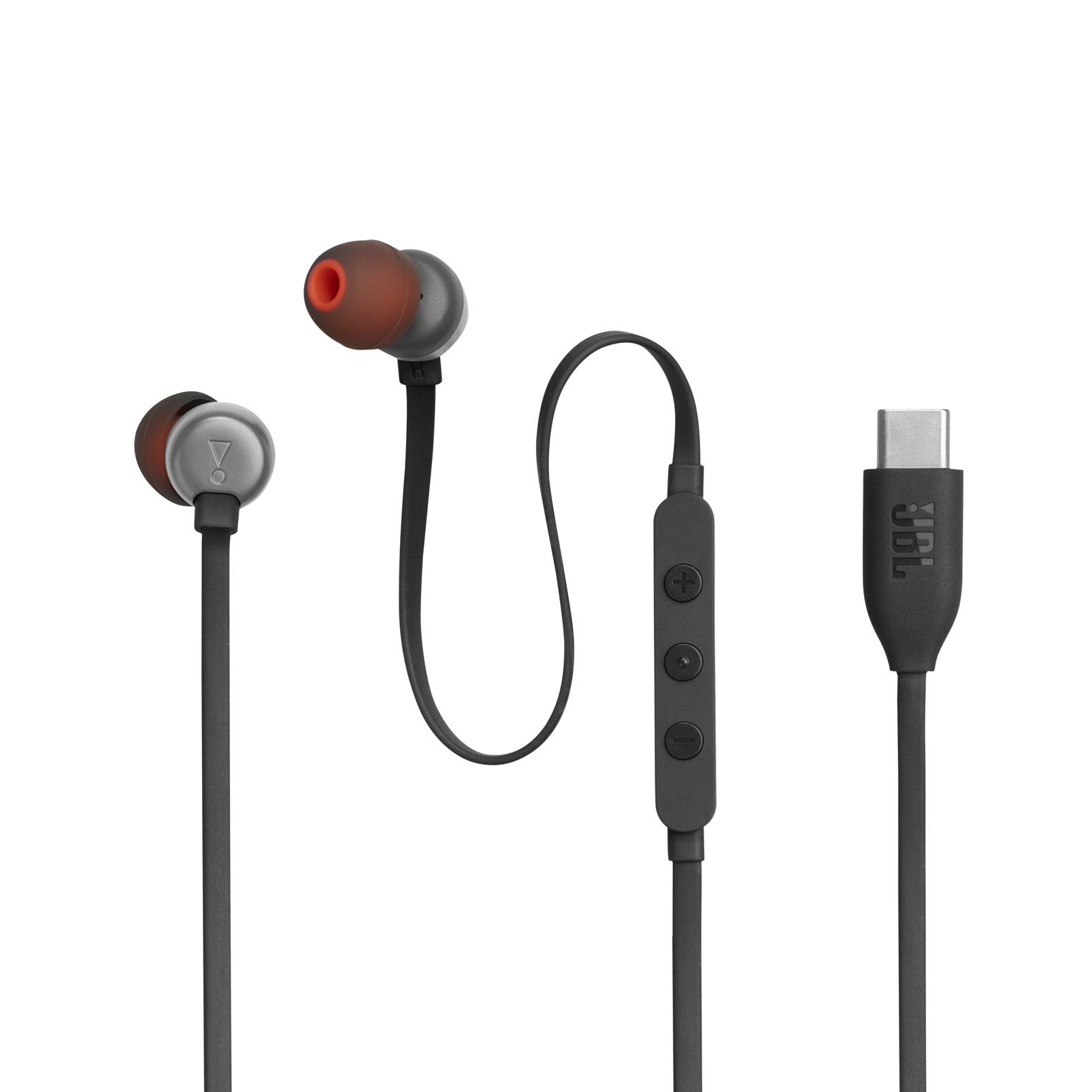 USB-C konektörlü ve hat içi uzaktan kumandalı siyah JBL kulak içi kulaklıklar.