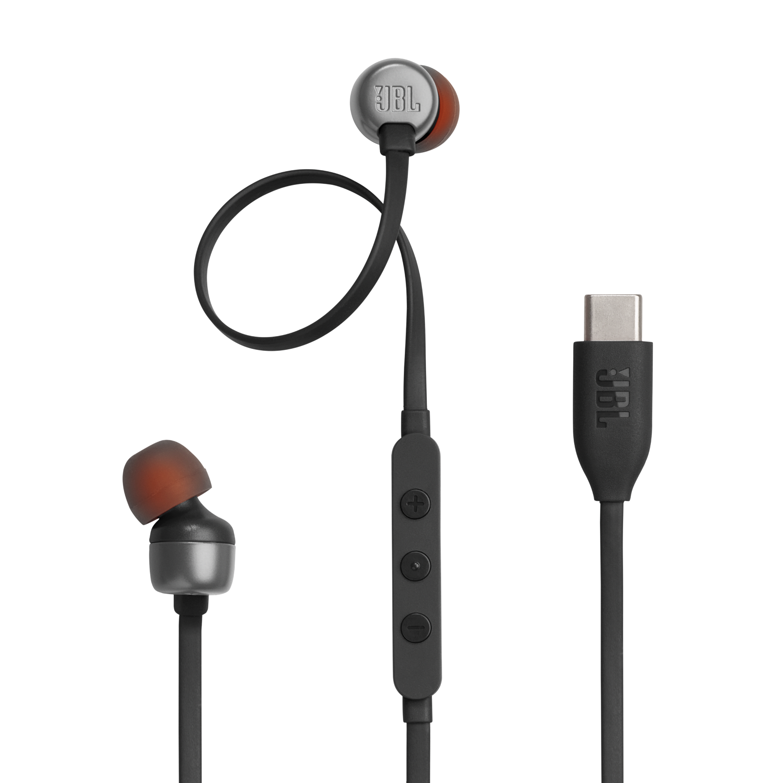 USB-C şarj kablosu olan siyah JBL kulaklık. Kulaklıklar gri ve turuncu uçlu.
