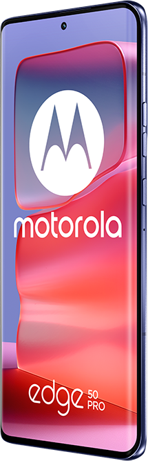 Motorola Edge 50 Pro telefon. A képernyő a márkalogót és a motorola szót jeleníti meg. Piros színű.
