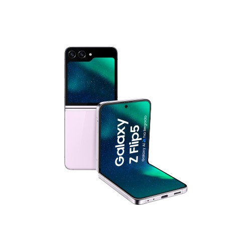 Teléfono plegable, Galaxy Z Flip5, en blanco. Muestra una pantalla con un diseño verde y azul.