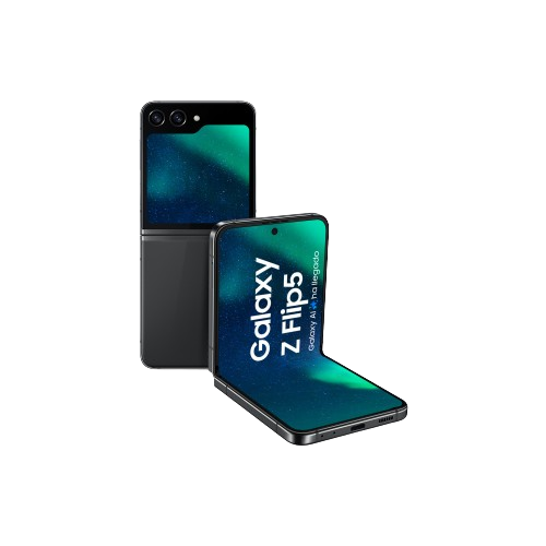 Teléfono negro Samsung Galaxy Z Flip5, parcialmente abierto, mostrando una pantalla verde.