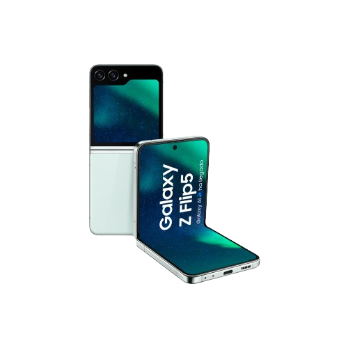 Un teléfono inteligente plegado con una pantalla que muestra una imagen. El teléfono es blanco y negro.