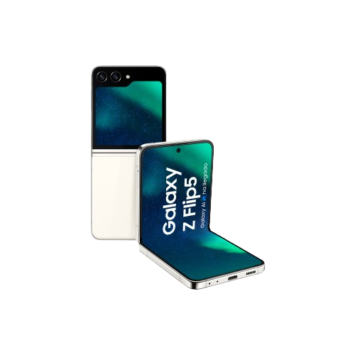 Teléfono blanco Samsung Galaxy Z Flip5, parcialmente abierto, mostrando una pantalla verde.