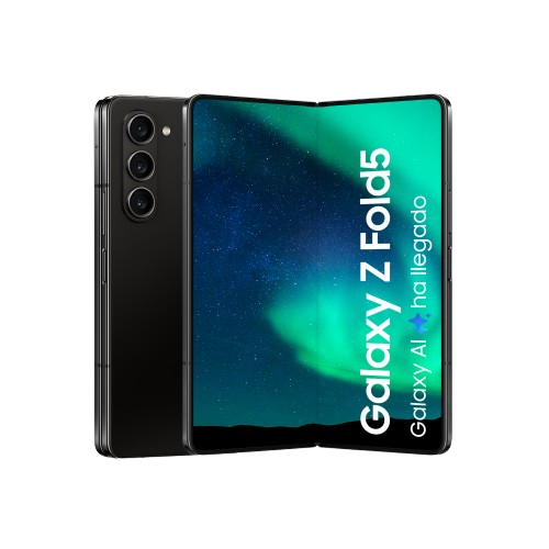 Un Samsung Galaxy Z Fold5 negro, abierto para mostrar una pantalla con un cielo estrellado verde y azul.