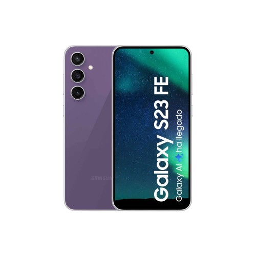 Smartphone Galaxy S23 FE morado. Se ve la pantalla frontal, la parte trasera y las cámaras.