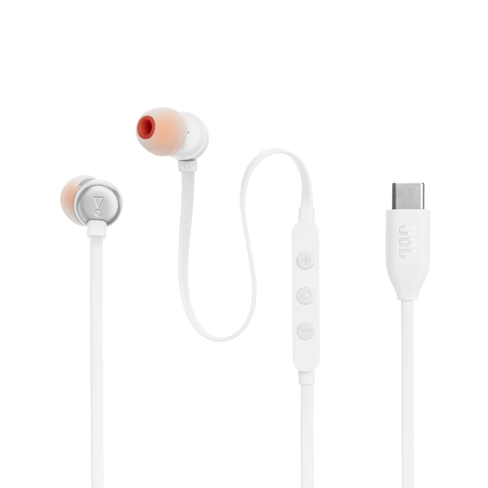 Beyaz bir kablo ve bir USB-C konektörü olan beyaz kulaklıklar, siyah bir arka plan üzerinde.