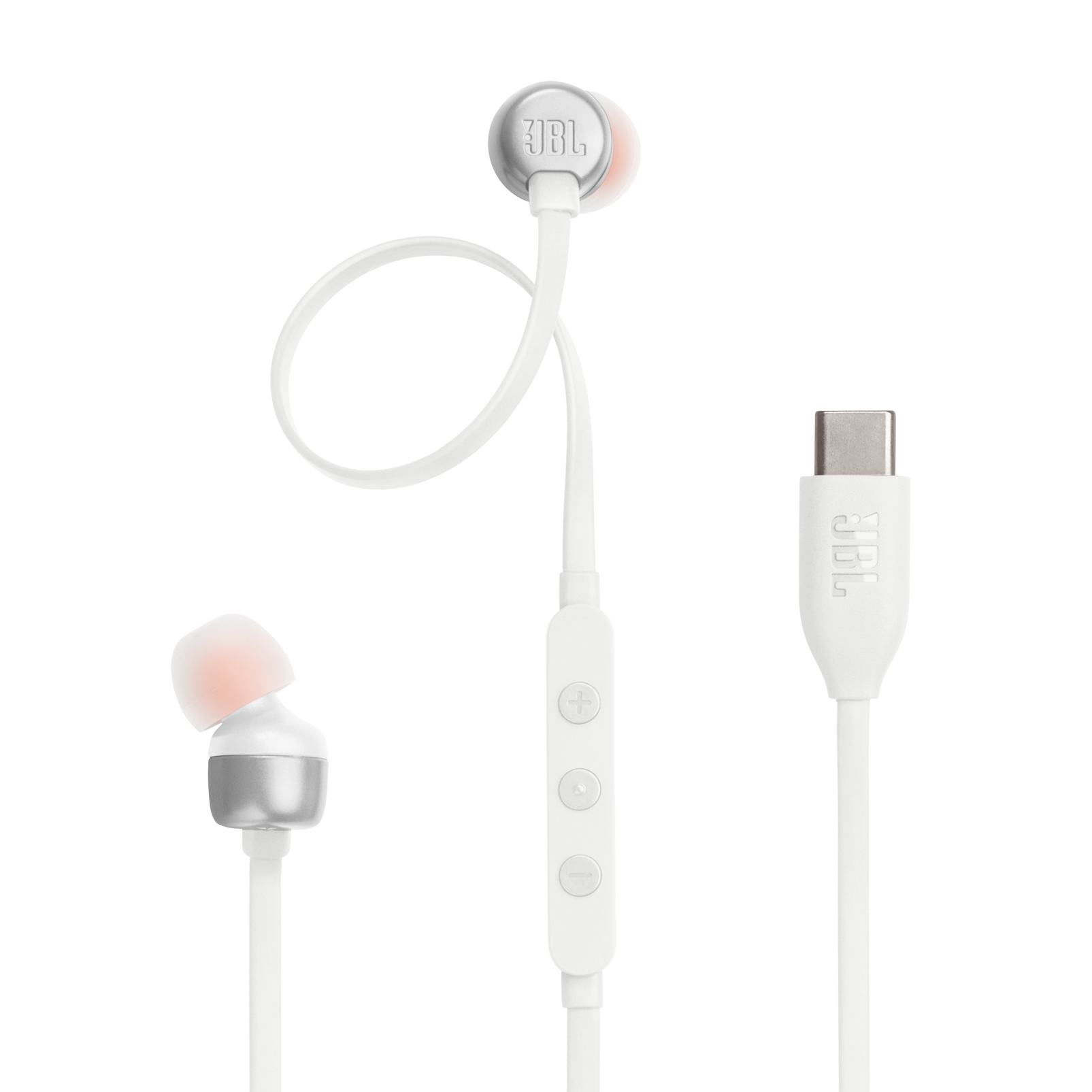 Turuncu uçlu beyaz JBL kulaklıklar, kontrol modülü ve USB-C konektörü. Siyah zemin.