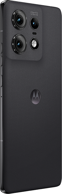 Fekete Motorola telefon, hátulnézet, kamerákkal és Motorola logóval.