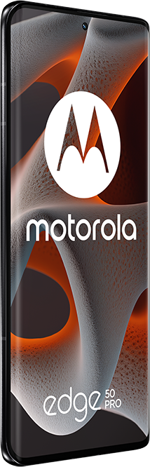 Fekete Motorola Edge 50 Pro telefon, a Motorola logójával.