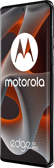 Motorola Edge 50 Pro okostelefon sötét háttéren, nagy logóval és ívelt kijelzővel.