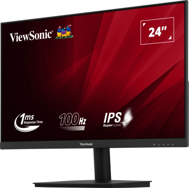 Fekete számítógép monitor 24"-es címkével és ikonokkal, piros háttérrel.