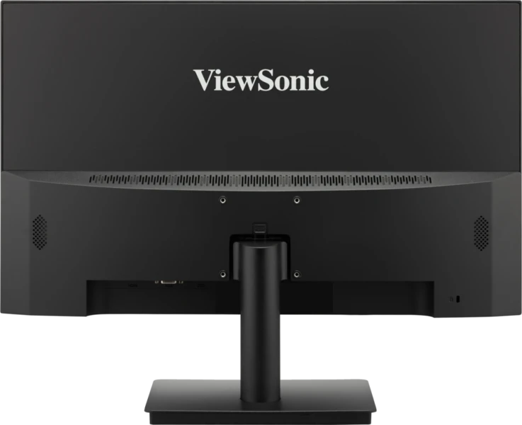 Fekete számítógép monitor, tetején 'ViewSonic' logóval. Állvánnyal és portokkal rendelkezik.