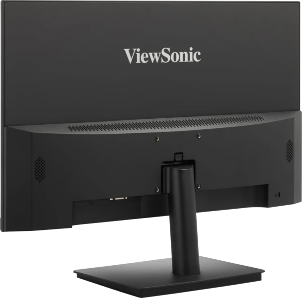 Egy ViewSonic monitor hátulja, fekete, állvánnyal. Fehér háttérrel.