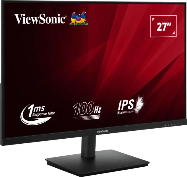 Számítógép monitor ViewSonic logóval és piros háttérrel.