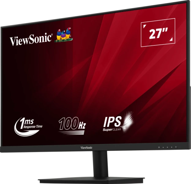 27 hüvelykes fekete monitor piros színátmenetes háttérrel. ViewSonic logó.