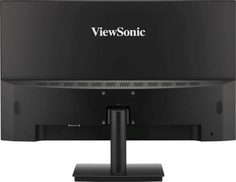 Egy fekete ViewSonic monitor hátulról. Látni az állványt és a csatlakozókat.