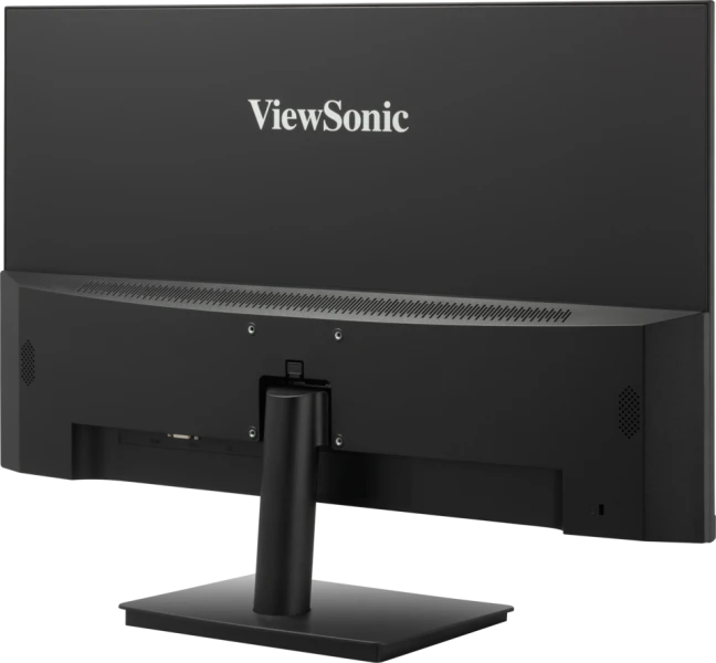 Fekete számítógép monitor hátulja ViewSonic logóval. Portok és állvány látható.